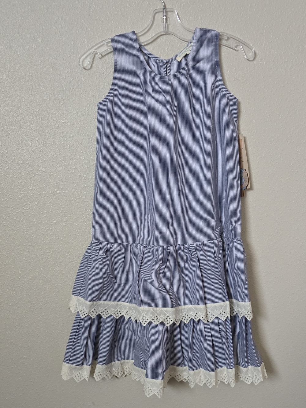 Girls Blue Stripe Sleeveless Dress with Lace Trim
